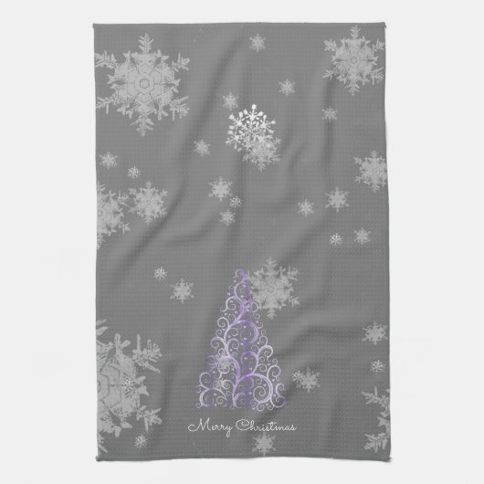 Paarse kerstboom en Snowflakes Kitchen Towel Theedoek (Verticaal)