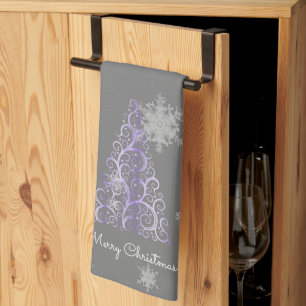 Paarse kerstboom en Snowflakes Kitchen Towel Theedoek