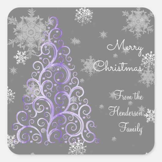 Paarse kerstboom en Snowflakes Sticker (Voorkant)