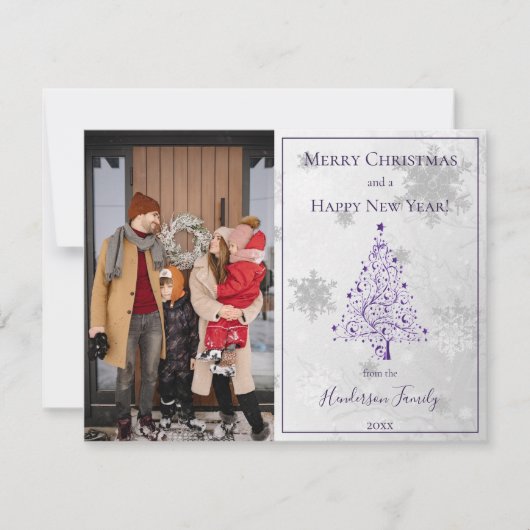 Paarse kerstboom foto feestdagenkaart (Voorkant)