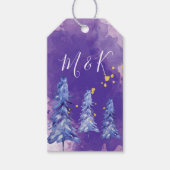 Paarse kerstboom gouden sneeuwvlokken cadeaulabel (Voorkant)