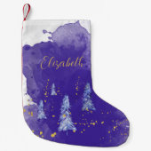 Paarse kerstboom gouden sneeuwvlokken kleine kerstsok (Voorkant)