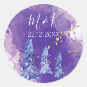 Paarse kerstboom gouden sneeuwvlokken ronde sticker (Voorkant)