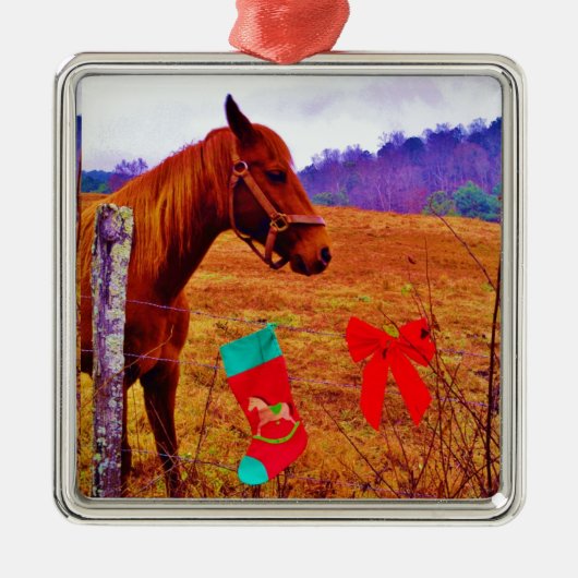 Paarse kerstboom met bruin paard metalen ornament (Voorkant)