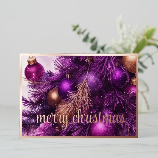 Paarse kerstboom met Ornamenten Folie Feestdagenkaart (Staand Voorkant)