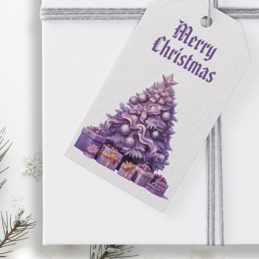 Paarse kerstboom Nostalgisch Vrolijk Kerstfeest Cadeaulabel