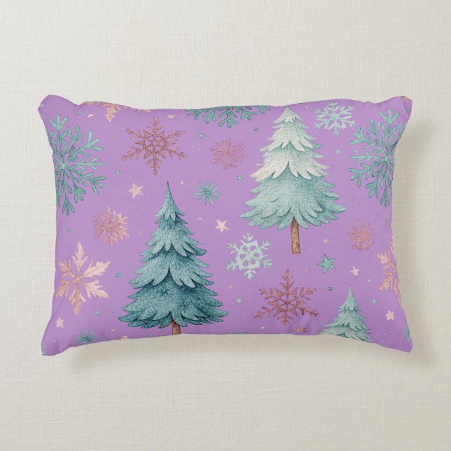 Paarse Kerstboom & Sneeuwvlok Accent Kussen (Voorkant)