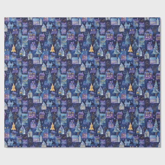 Paarse kerstdorp met een kerstboom cadeaupapier (Vlak)