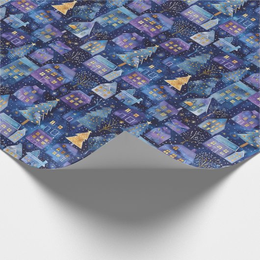 Paarse kerstdorp met een kerstboom cadeaupapier (Hoek)