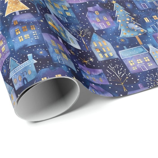 Paarse kerstdorp met een kerstboom cadeaupapier (Rol Hoek)