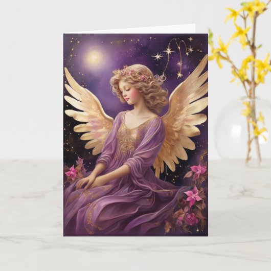 Paarse Kerstengel Custom Bericht Kaart (Gele Bloem)