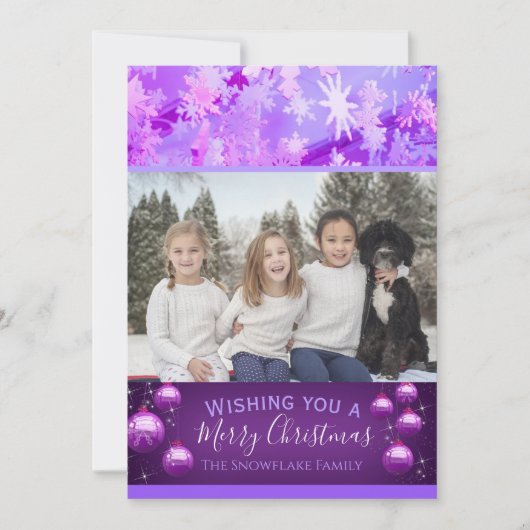 Paarse kerstfoto Snowflake Feestdagenkaart (Voorkant)