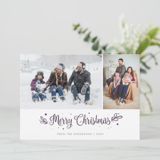 Paarse kerstfotokaarten met strippen feestdagenkaart (Staand voorkant)