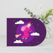 paarse Kerstheks Befana Broomrider Spookmas Kaart (Staand voorkant)