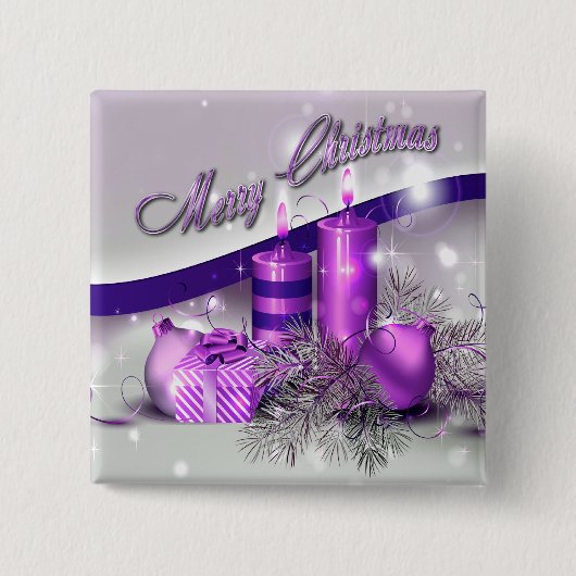 Paarse kerstkaarsen vierkante button 5,1 cm (Voorkant)
