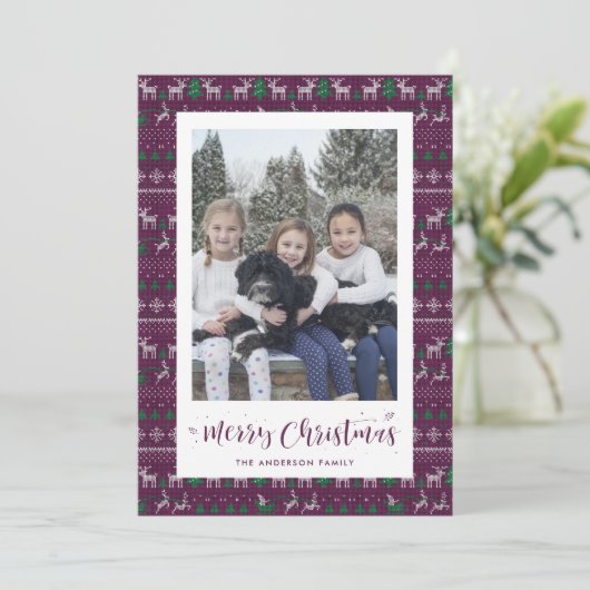 Paarse kerstkaarten met groene kerstkaart (Staand voorkant)