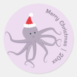 Paarse kerstkerst met octopus Santa Merry Ronde Sticker