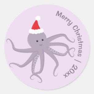 Paarse kerstkerst met octopus Santa Merry Ronde Sticker