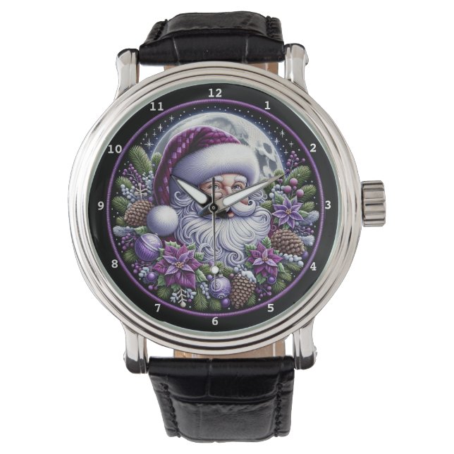 Paarse Kerstman Maanverlichte Feestdagen Horloge (Voorkant)
