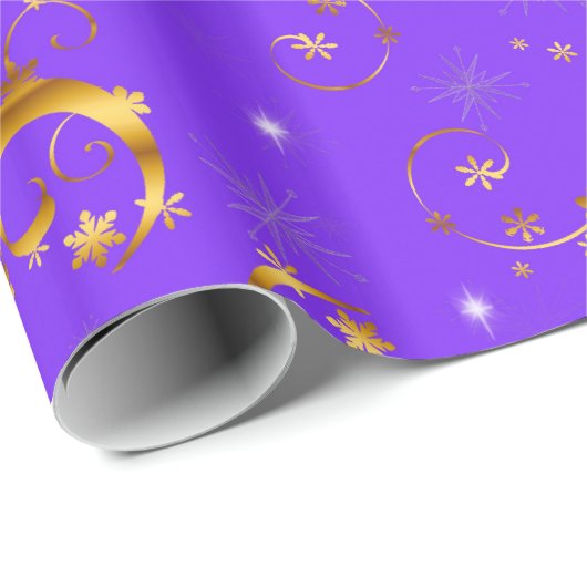 Paarse kerstmis met goudzwijn en sterren cadeaupapier (Rol Hoek)