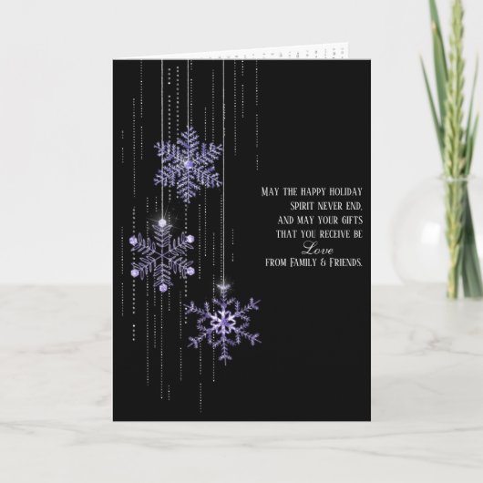 paarse kerstsneeuwvlokken op zwart feestdagen kaart (Voorkant)