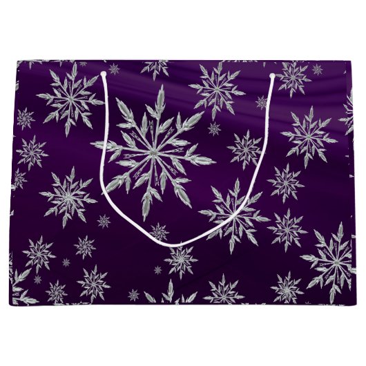 Paarse kerststerren met wit ijskristal groot cadeauzakje (Voorkant)