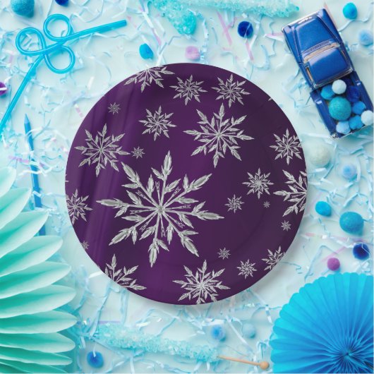 Paarse kerststerren met wit ijskristal papieren bordje (Feest)