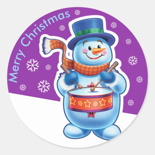 Paarse kerststicker Snowman drummer. Ronde Sticker (Voorkant)