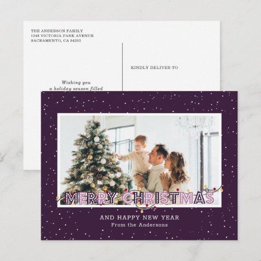 Paarse kerstverlichting foto's feestdagenkaart (Voorkant / Achterkant)