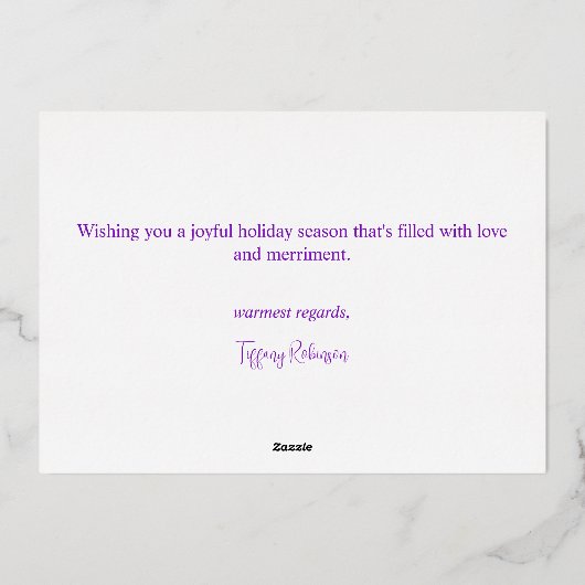 Paarse Kerstvreugde en Wit Echte Folie Feestdagenkaart (Achterkant)