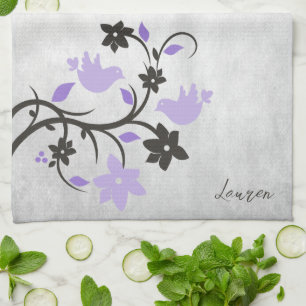 Paarse keukenhanddoeken met Lovevogels, speciaal i