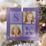 Paarse Kinder Fotocollage Custom Christmas Glas Ornament<br><div class="desc">Cool 2 foto vierkant kinder kerst ornament in  paarse voor een klein meisje of peuter. Vier je kind met leuke foto's van hen op deze kinder aandenken geschenk. Voeg hun naam en leeftijd toe.</div>