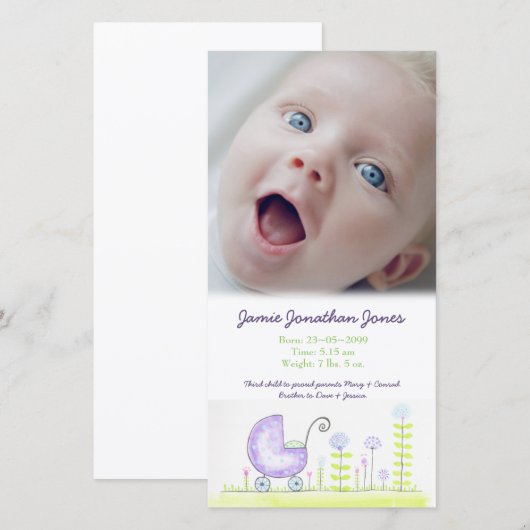 Paarse kinderwagen Baby Geboortekaart Foto Kaart (Voorkant / Achterkant)