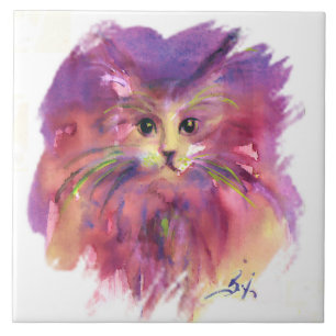 PAARSE KITTEN, KATTENPORTRET KERAMIEK TEGEL TEGELTJE