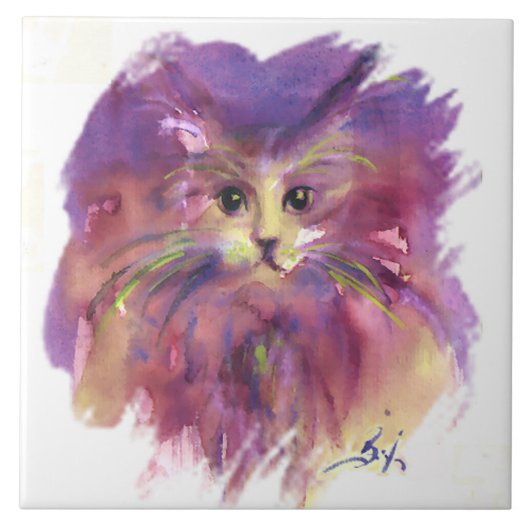 PAARSE KITTEN, KATTENPORTRET KERAMIEK TEGEL TEGELTJE (Voorkant)