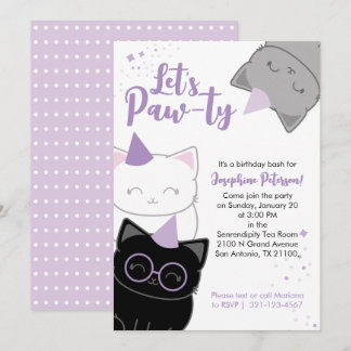 Paarse Kitty Cat Leuke Verjaardagsfeestje Evite of Kaart