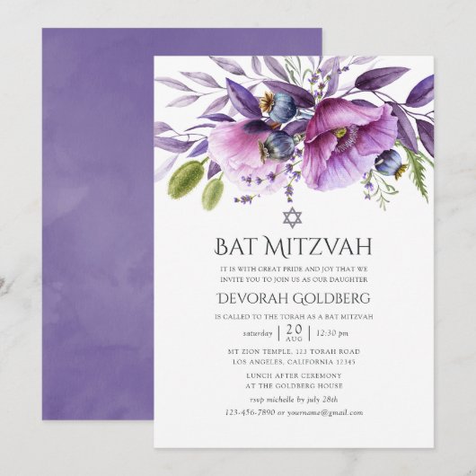 Paarse Klaproos Bloemige Bat Mitzvah Kaart (Voorkant / Achterkant)