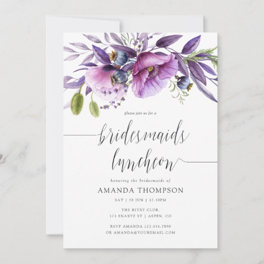 Paarse Klaproos Bloemige Bruidsmeisjes Lunch Uitno Kaart (Voorkant)