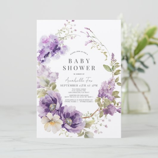 Paarse klaproos & Lila bloemig Baby shower Kaart (Staand voorkant)