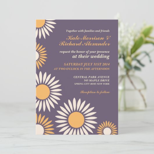 Paarse Klassieke Retro Zonnebloem Trouw Uitnodigin Kaart (Staand voorkant)