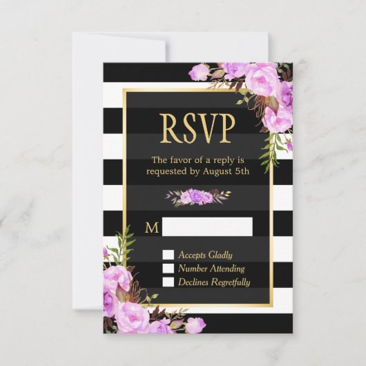 Paarse klassy Floral Black White Stripes RSVP (Voorkant)