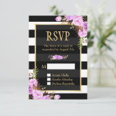 Paarse klassy Floral Black White Stripes RSVP Kaartje (Staand voorkant)