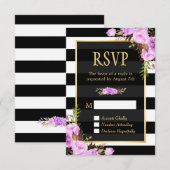 Paarse klassy Floral Black White Stripes RSVP Kaartje (Voorkant / Achterkant)