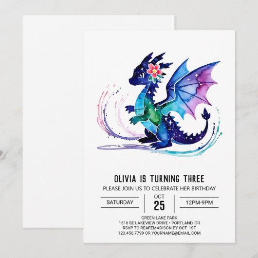 Paarse kleine draak digitale meisje verjaardag kaart (Voorkant / Achterkant)