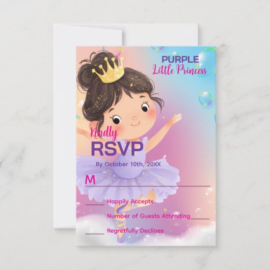 Paarse kleine prinsessenbal RSVP kaartje (Voorkant)