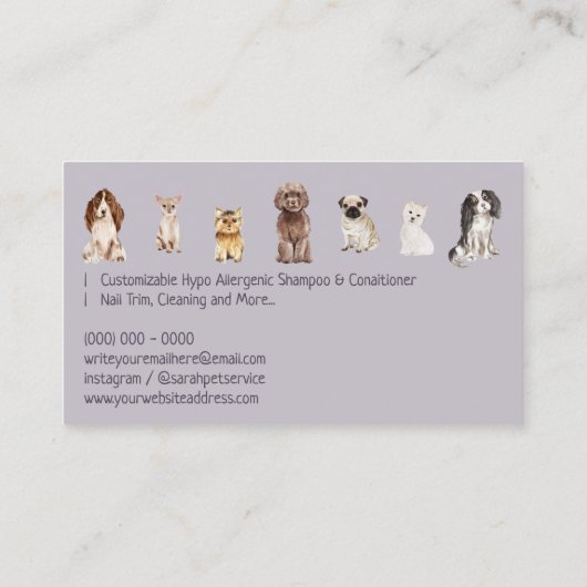 Paarse kleine puppy Dog Grooming Visitekaartje (Achterkant)