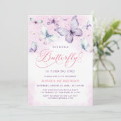 Paarse kleine vlinder babymeisje 1e verjaardag kaart (Staand voorkant)