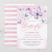 Paarse kleine vlinder babymeisje 1e verjaardag kaart (Voorkant / Achterkant)