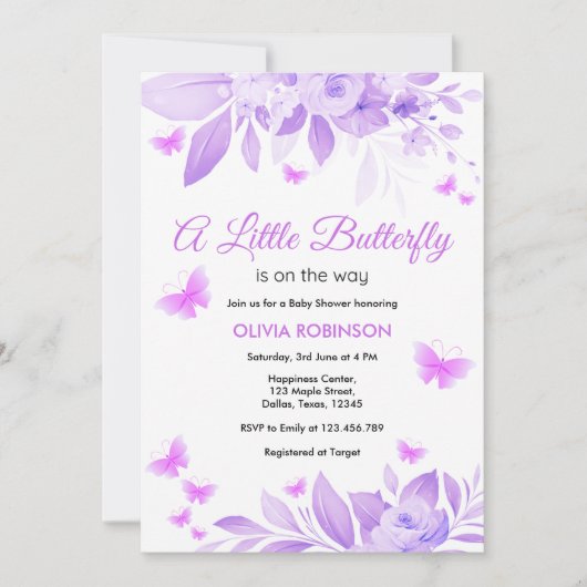 Paarse kleine vlinder is op de weg Baby shower Kaart (Voorkant)