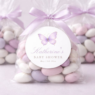 Paarse Kleine Vlinder Op Weg Baby Shower Ronde Sticker
